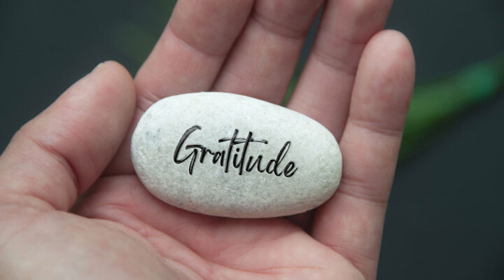 hand holding a stone with gratitude engraved on the stone