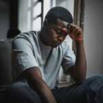 A young man sits indoors with his head resting on his hand, looking down with a pensive or distressed expression.