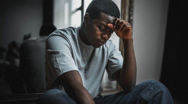A young man sits indoors with his head resting on his hand, looking down with a pensive or distressed expression.